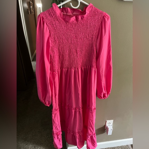 Dresses & Skirts - Hot Pink Dress Solid Color Square Neck Bubble Sleeves - XL